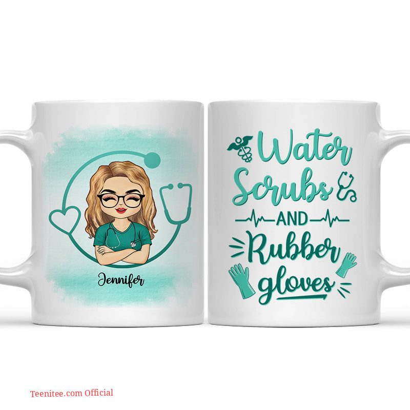 Water scrubs and rubber gloves - gift for nurses - personalized mug